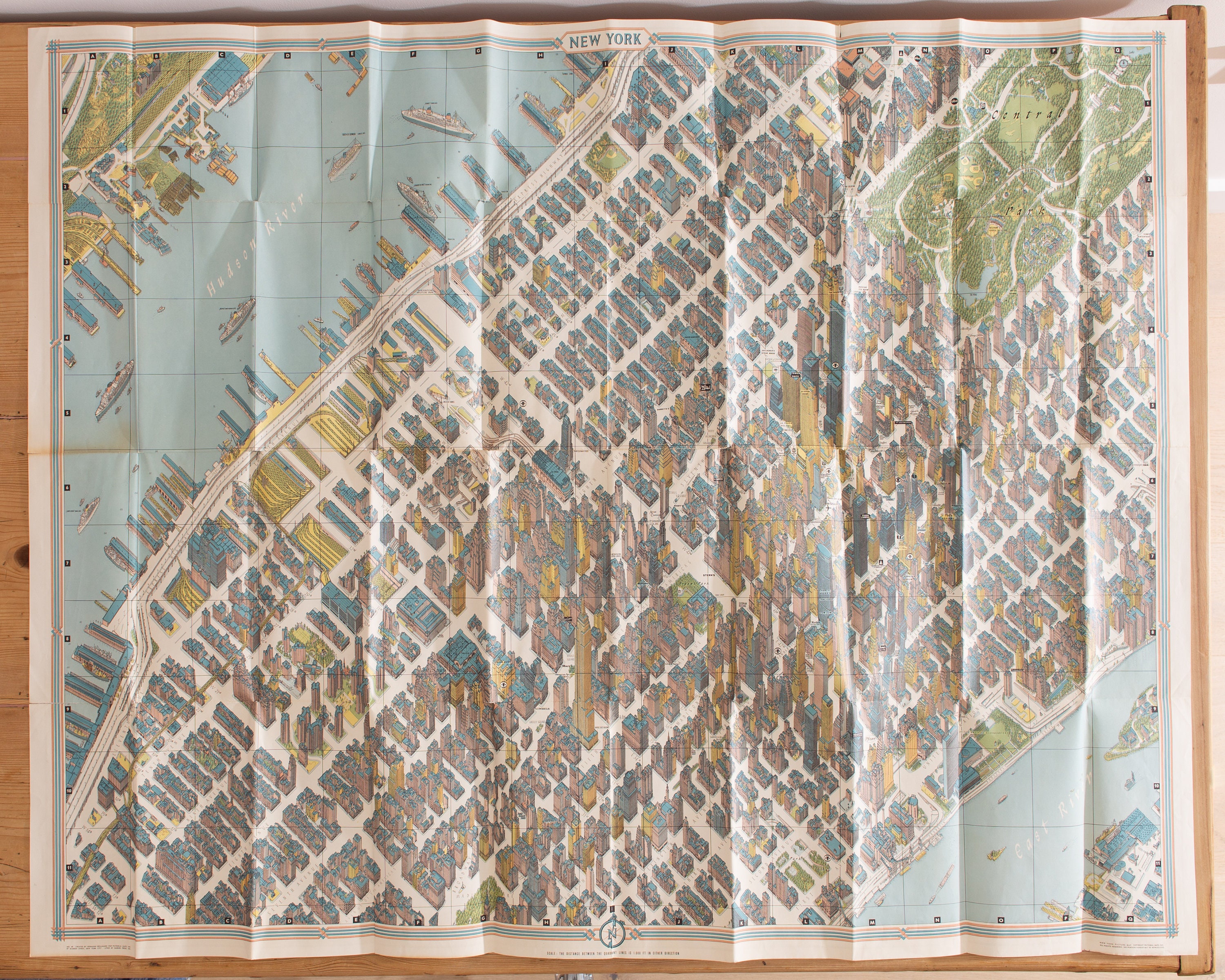 Original 1964 New York City 3D Bird's Eye View Map Lithograph Hermann