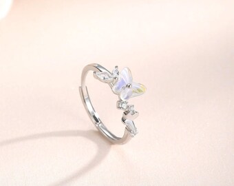 Anillo Aurora Peri Mariposa Plata 925, Iridiscente, Hipoalergénico, Anillo Ajustable