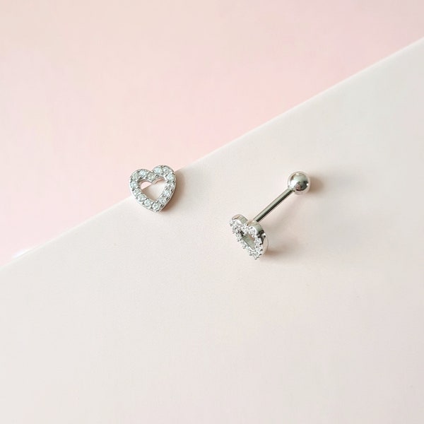 Dainty Heart Barbell Earrings 925 Silver, Screw Back Earrings, Heart Earrings
