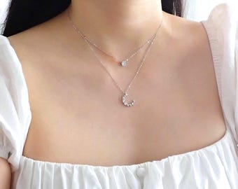 Deva Crescent Layered Necklace 925 Silver, Celestial Necklace, Moon Necklace, Star Necklace
