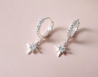 Pendientes Celestial Huggies de plata 925, pendientes de aro Huggies, pendientes Celestial