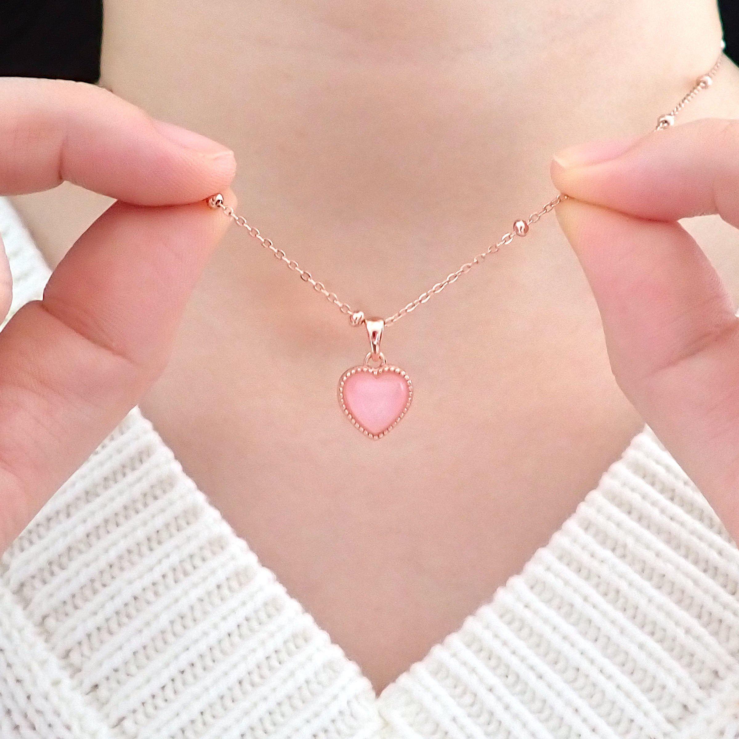 Collar de corazón rosa Haru en plata 925, collar de corazón, collar bonito, collar de cuentas, collar hipoalergénico