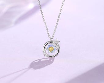 Aurora Snowflake Dancing Stone Necklace 925 Silver, Iridescent Necklace, Dancing Stone Necklace