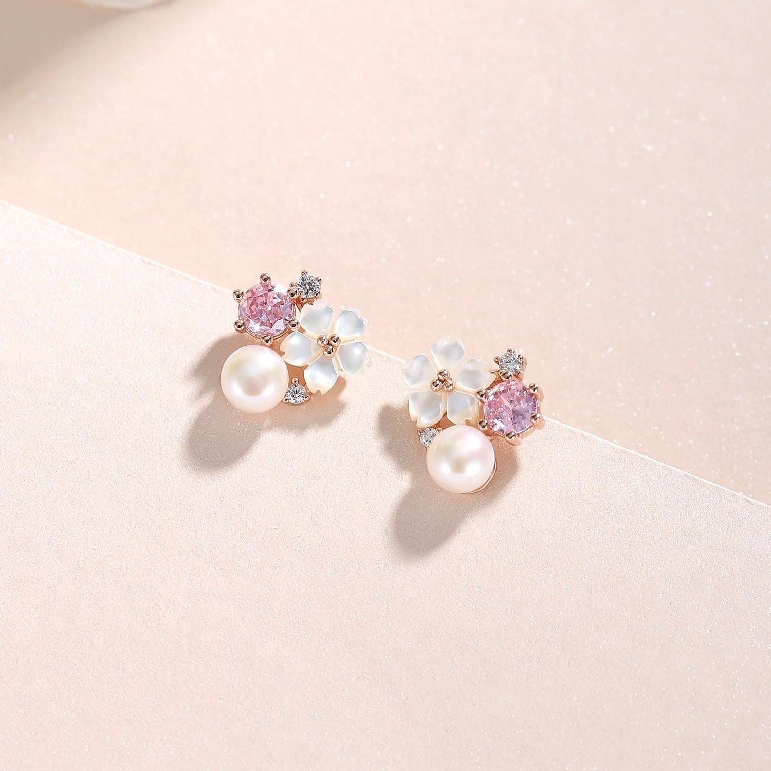 Mina Pink Sakura Flower Earstud 925 Silver, Sakura Earrings, Flower Earrings, Hypoallergenic Earrings