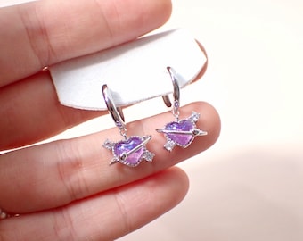 Aurora Heart Huggies 925 Silver, Galaxy Huggies, Purple Huggies, Hypoallergenic Earrings