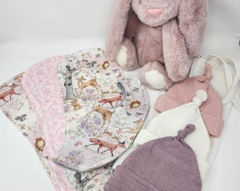 Personalized Woodland Animals Baby Gift Set: Bib, Hats, Bunny Toy, Sippy Cup