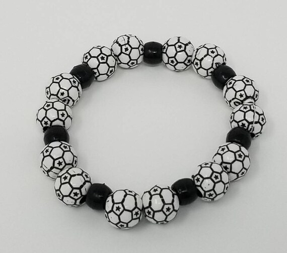 Homemade Black and White Soccer Beaded Stretch Bracelet