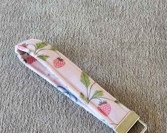 Hand Made Fabric Wristlet Keychain Strawberry Patch and Bows, Choose your Hardware