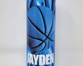 Custom Basketball Tumbler: Blue Leather Design, Stainless Steel 20oz Mug