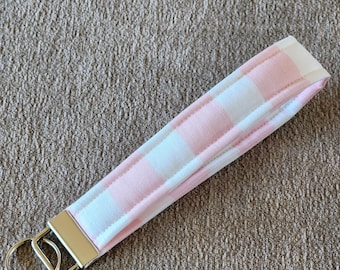 Hand Made Fabric Wristlet Keychain Pink and White Stripe, Choose your Hardware