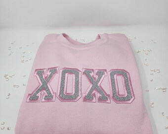 New Embroidered Valentines XOXO Crew Neck Pink Sweatshirt with Silver Glitter Letters