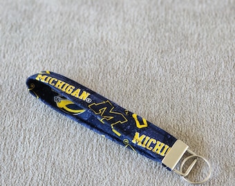 Hand Made Fabric Wristlet Keychain University of Michigan Wolverines, Choose your Hardware