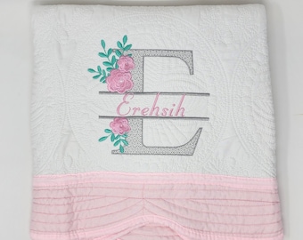 New Embroidered Customized Heirloom Baby Quilt w Scalloped Edges