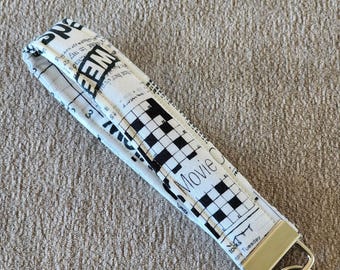 Hand Made Fabric Wristlet Keychain Fun Newspaper Print, Choose your Hardware