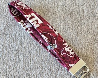 Hand Made Fabric Wristlet Keychain Texas A & M, Choose your Hardware TAMU