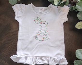 New Child's Embroidered Easter Bunny Floral Ruffle Hem Shirt with Customization