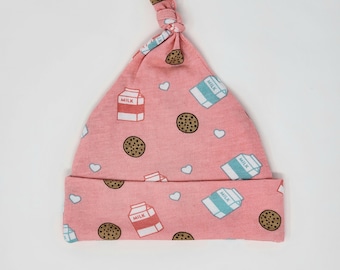 New Infant Baby Hat Cap Milk and Cookies Print Soft and Stretchy
