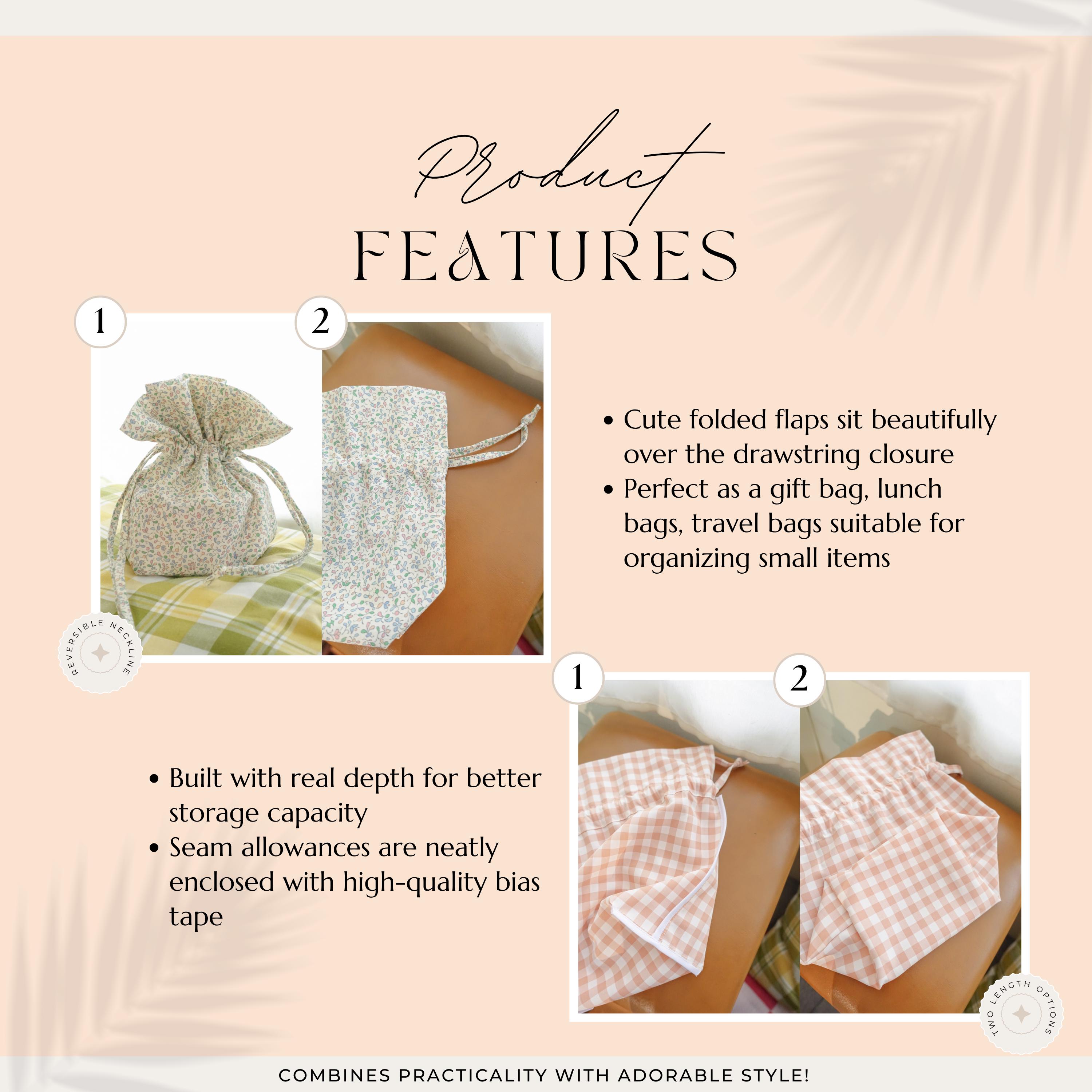 Drawstring Bag Sewing Pattern PDF: Beginner Cosmetic Lunch Bag Bridal ...