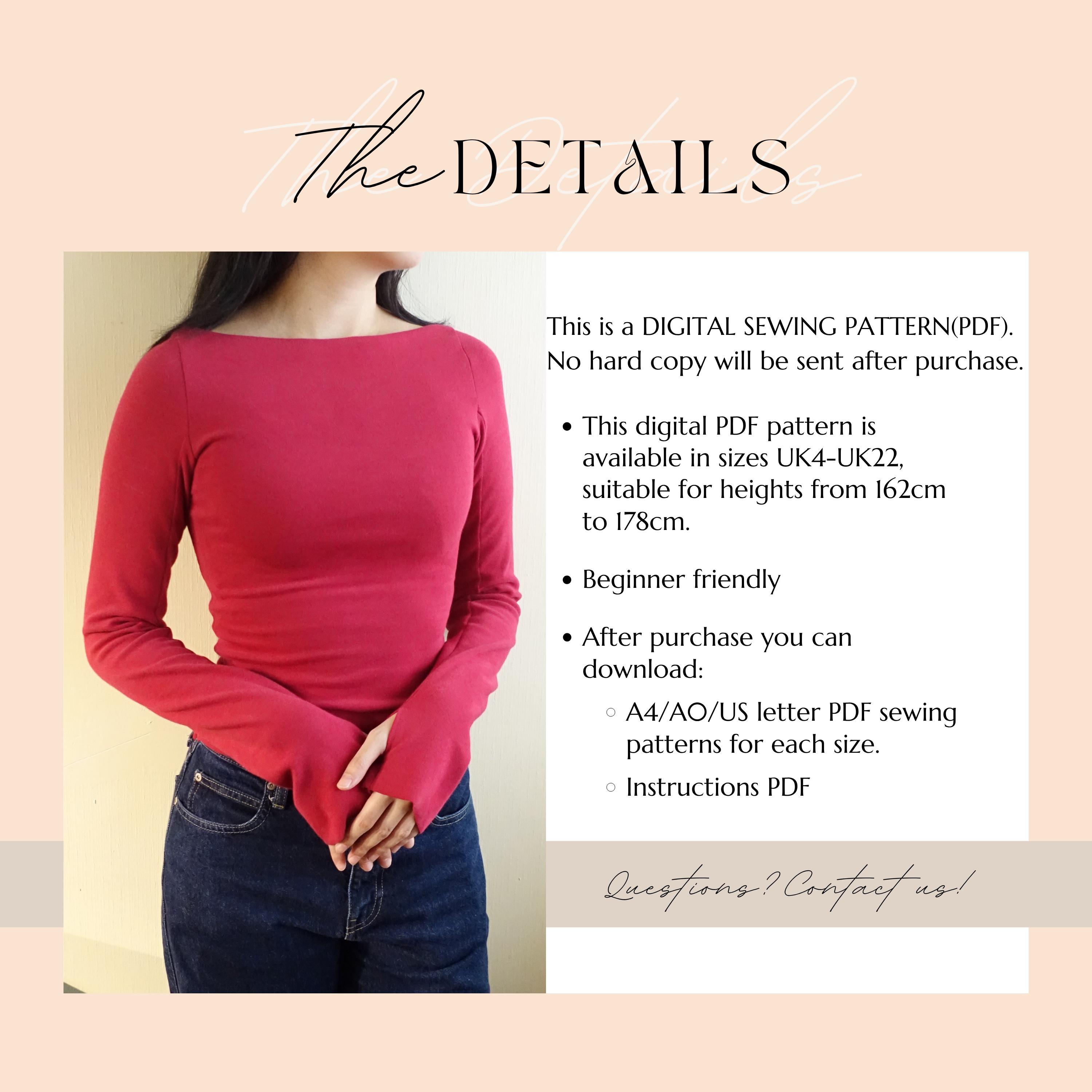 Boat Neck Long Sleeve Top PDF Sewing Pattern With Thumbholes (UK4-22 ...