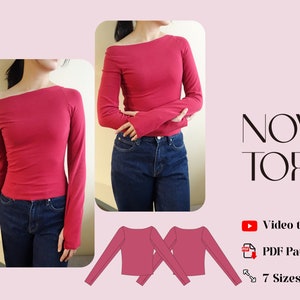 Nova top PDF Sewing Pattern(seamless looking boat neck off shoulder two-way jersey top with thumbhole)