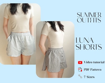 Luna Shorts PDF Sewing Pattern (Scandi shorts boxer shorts with pockets, elastic waistband, button fly, split hem)