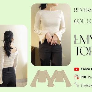 Emma top PDF Sewing Pattern (Reversible boat neck flare sleeves jersey top)