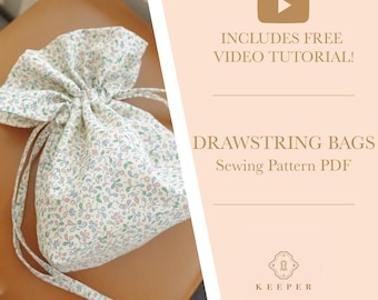 Molde de costura para bolsa com cordão em PDF: bolsa de cosméticos para almoço para iniciantes (download digital)