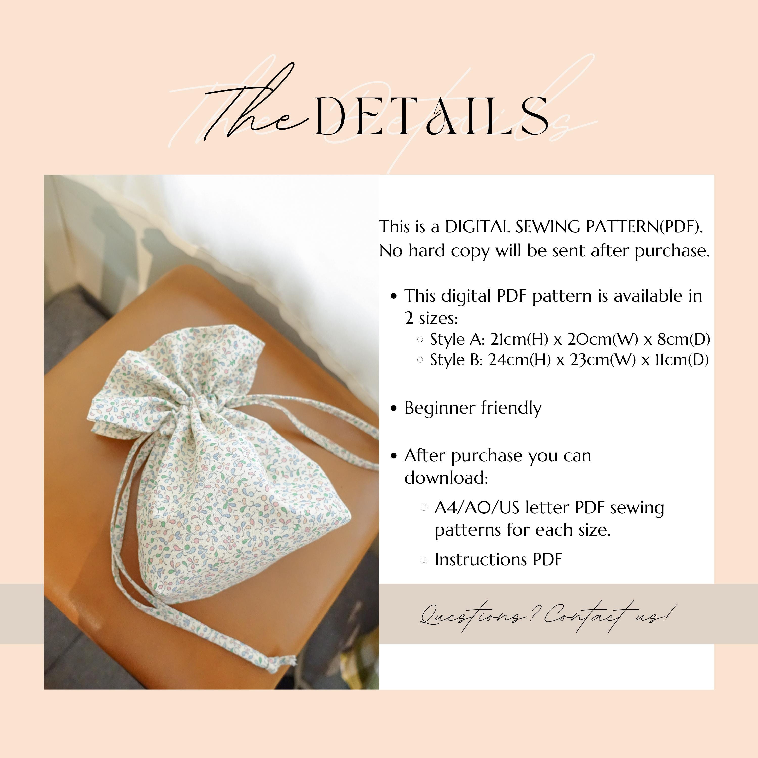 Drawstring Bag Sewing Pattern PDF: Beginner Cosmetic Lunch Bag Bridal ...