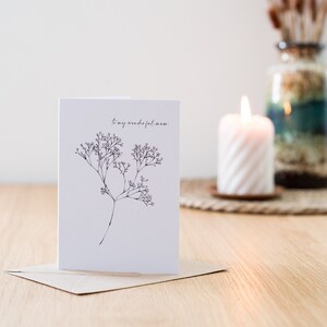 Tarjeta a mi maravillosa mamá, tarjeta de felicitación, Día de la Madre, diseño botánico, floral, de flores silvestres
