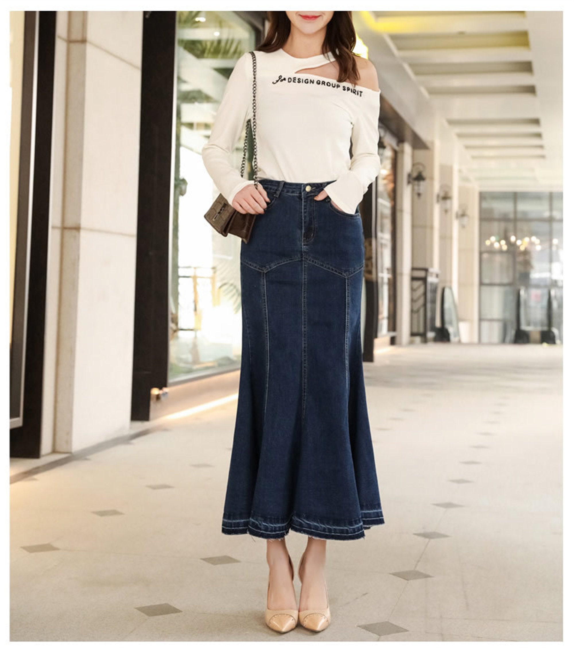 Mmeneyy Women's Casual Stretch Waist Washed Denim Ruffle Fishtail Skirts Long Jean Skirt 