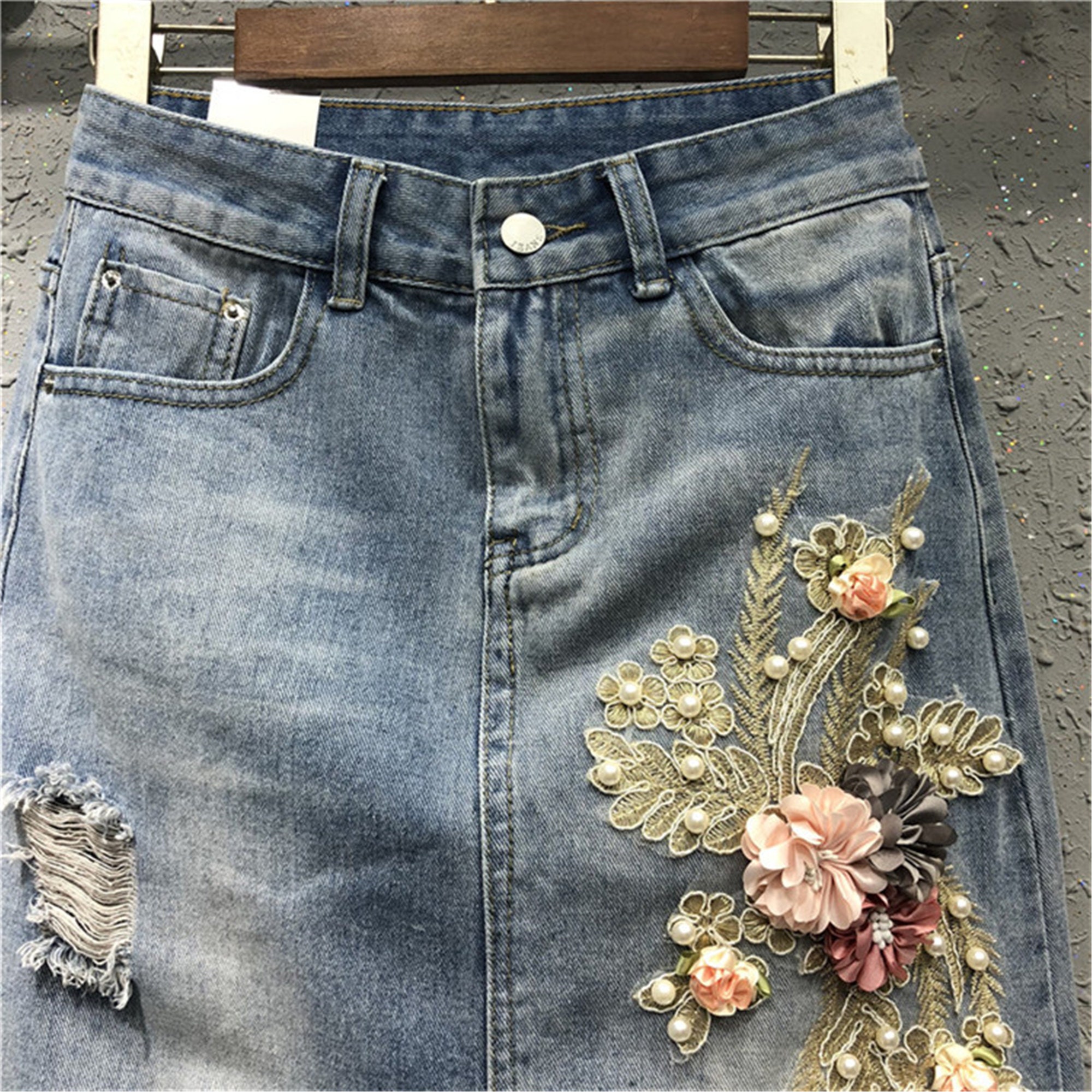 Distressed Denim Skirt Wash Blue Jean Skirt Embroidered a - Etsy