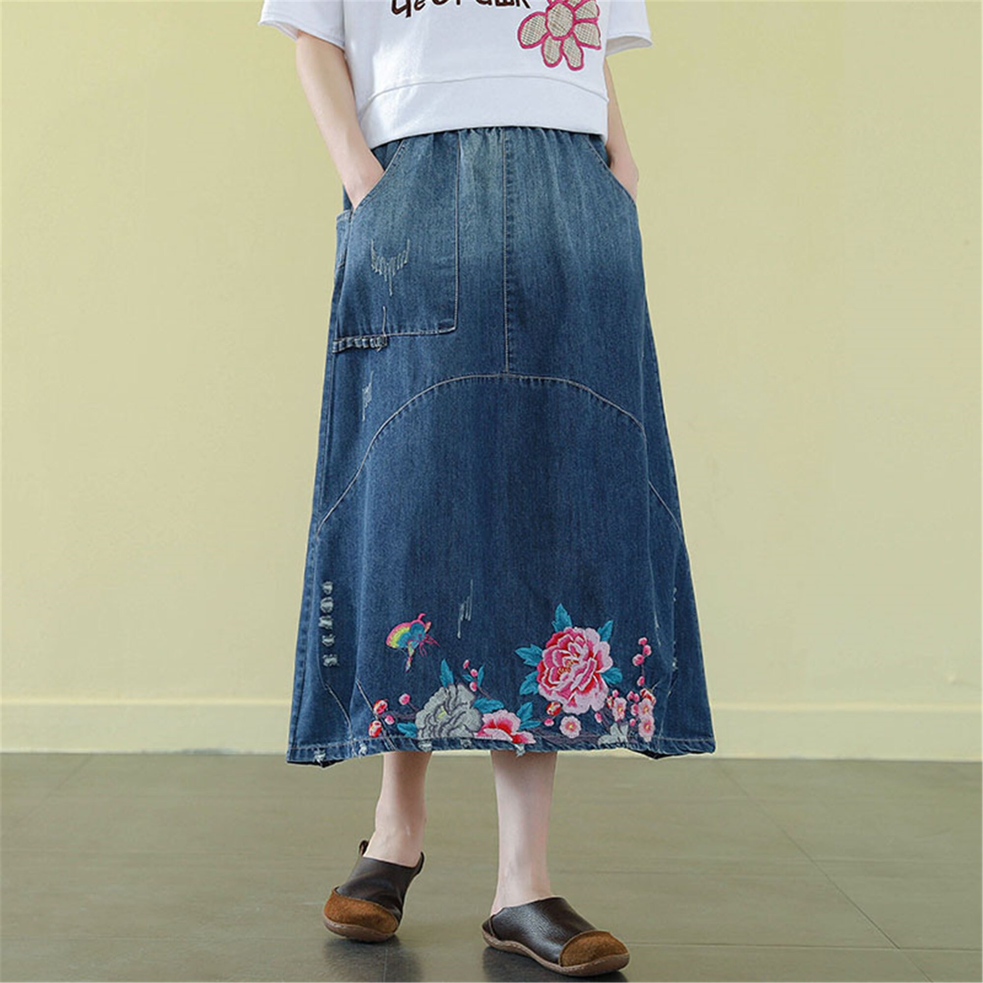 Vintage old embroidered denim skirt Loose high waist Etsy