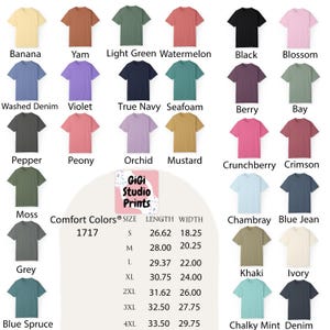 Może przedstawiać: Kolekcja koszulek Comfort Colors 1717 w r&oacute;żnych kolorach, w tym Banana, Yam i Jasnozielony. Każda koszulka jest wyświetlana z nazwą koloru. Podano r&oacute;wnież szczeg&oacute;ły dotyczące rozmiaru i wymiar&oacute;w, z długościami od 67,62 cm do 85,09 cm.