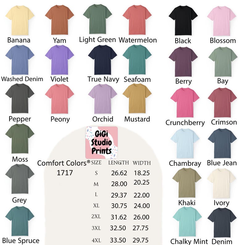 Może przedstawiać: Kolekcja koszulek Comfort Colors 1717 w r&oacute;żnych kolorach, w tym Banana, Yam i Jasnozielony. Każda koszulka jest wyświetlana z nazwą koloru. Podano r&oacute;wnież szczeg&oacute;ły dotyczące rozmiaru i wymiar&oacute;w, z długościami od 67,62 cm do 85,09 cm.