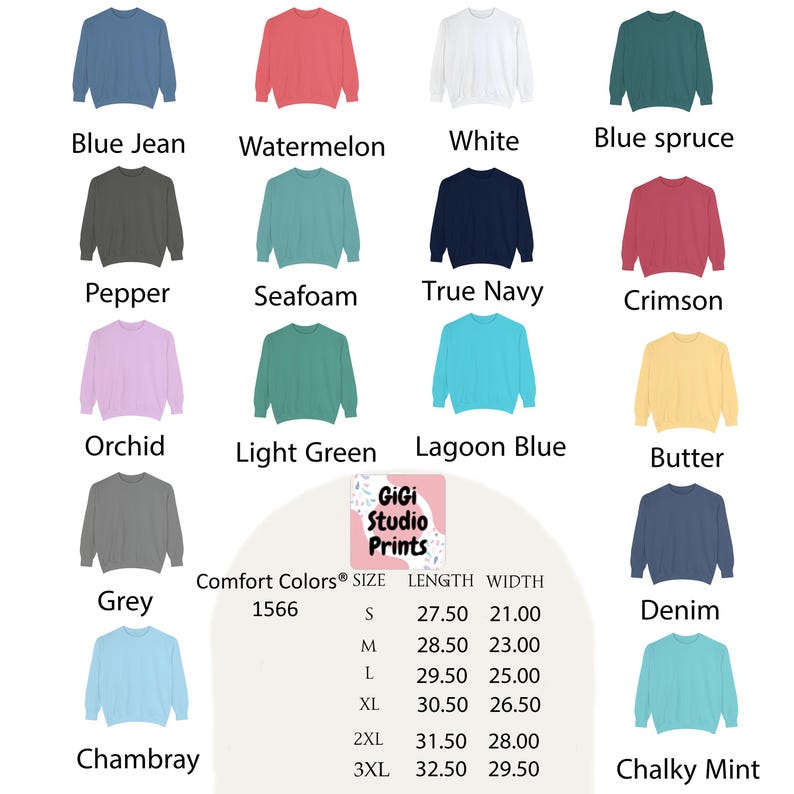 Może przedstawiać: Kolekcja bluz z okrągłym dekoltem Comfort Colors 1566 w r&oacute;żnych kolorach, takich jak niebieski dżins, arbuzowy, biały i niebieski świerk. Obraz zawiera r&oacute;wnież tabelę rozmiar&oacute;w z wymiarami w centymetrach.