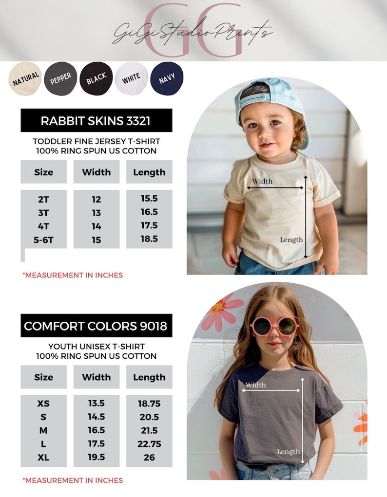 May include: Image features a toddler and a youth wearing t-shirts. The image includes size charts for Rabbit Skins 3321 toddler shirts and Comfort Colors 9018 youth shirts, with measurements in inches. The shirts come in various colors.