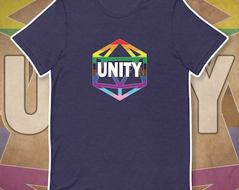 May include: A navy blue t-shirt with a rainbow-colored dice graphic that says "UNITY" in white text.