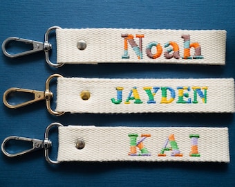 Personalized Embroidered Name Keychain, Handmade Cotton Bag Tag