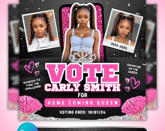 Homecoming Queen Campaign Flyer: HOCO School Election Pink Princess Social Media Editable Canva Template