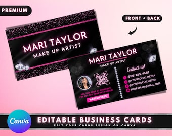 Business Cards, DIY Business Card Template Design, Make Up Artist Beauty Business Cards, Black and Pink Business Card, Premade Business Card