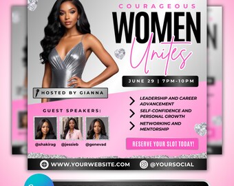 Puede incluir: Un folleto promocional rosa y gris con una mujer con un vestido plateado. El folleto anuncia un evento "Courageous Women Unites" el 29 de junio, de 19:00 a 22:00. Incluye oradores y temas como liderazgo y networking. Plantilla editable en Canva.