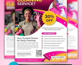 May include: A cleaning service advertisement with a pink and purple design. It features a woman wearing pink gloves and an apron, and includes text such as "30% OFF" and "Your Trusted Choice for Daily Cleaning". The flyer promotes various cleaning services.