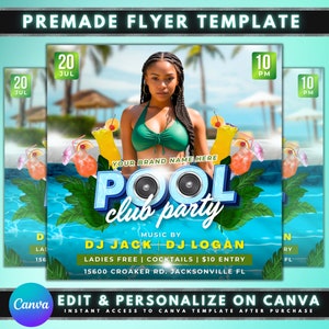 Pool Party Club Flyer, DIY Flyer Template Design, Summer Celebration Flyer, Dance Beach Party Invite Flyer, Premade Club Live DJ Event Flyer