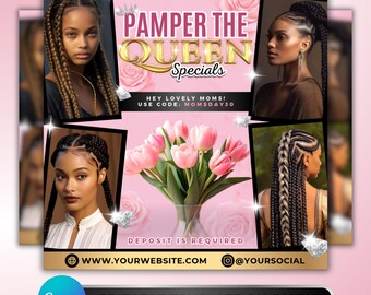 Mother’s Day Booking Specials Flyer: Braider, Hairstylist, Pink-and-Gold Beauty Promotion, Editable Canva Template