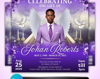 Memorial Funeral Announcement Flyer: Celebration of Life, Memorial Service, Angel Wings, Obituary, Canva Template