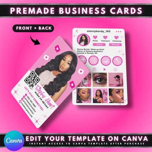 Cartes de visite Instagram roses, modèles de toile bricolage, cartes de maquilleur, cartes de cils, cartes de salon de coiffure, carte de beauté préfabriquée avec code QR