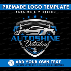 Auto detaillering logo, DIY logo ontwerpsjabloon, blauwe auto detaillering logo, auto reparatie logo, voertuig logo, automotive fix logo, premade logo