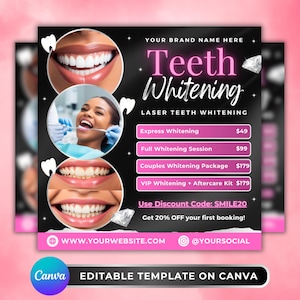 May include: A promotional graphic for teeth whitening services. The design features images of bright smiles, a person undergoing treatment, and service options. Text includes "Teeth Whitening," "Laser Teeth Whitening," and a discount code. The background is black with pink accents.