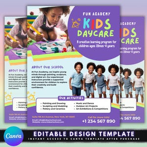 キッズデイケアチラシ、DIYチラシテンプレートデザイン、幼稚園チラシ、カラフルなチャイルドケアサービスチラシ、既製の幼児教育ベビーシッターチラシ