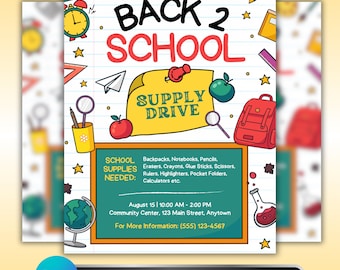 Back to School Supply Drive Flyer: Community Donation Event, Charity Fundraiser, Editable Canva Template